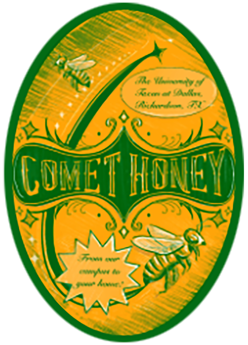 Comet Honey Label. A design made to resemble a richly ornamented oval-shaped brass plate with a green patina, embelished with bees and a comet, that bears the words “Comet Honey”.