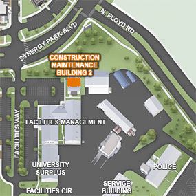 A campus map showing the location of Construction Maintenance Building 2.