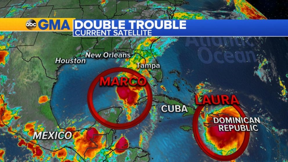 A weather map showing two hurricanes approaching the Gulf of Mexico.