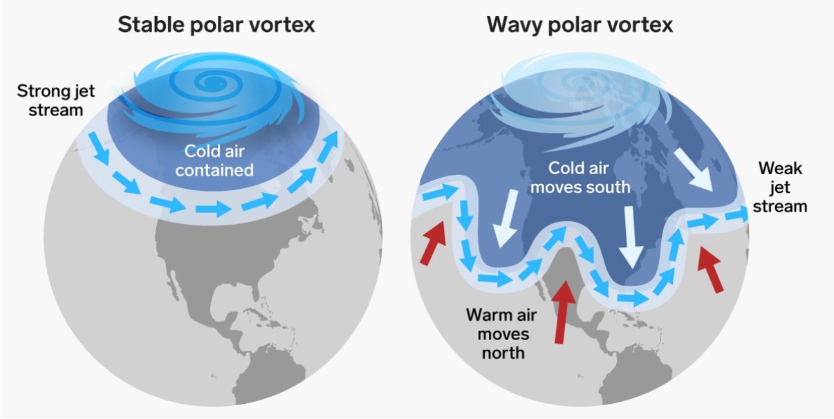 Stable vs. wavy polar vortex.