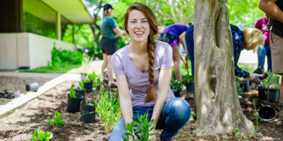 Sustainability Service Honors Graduates Celebrated. A student adding a new plant to a garden bed.