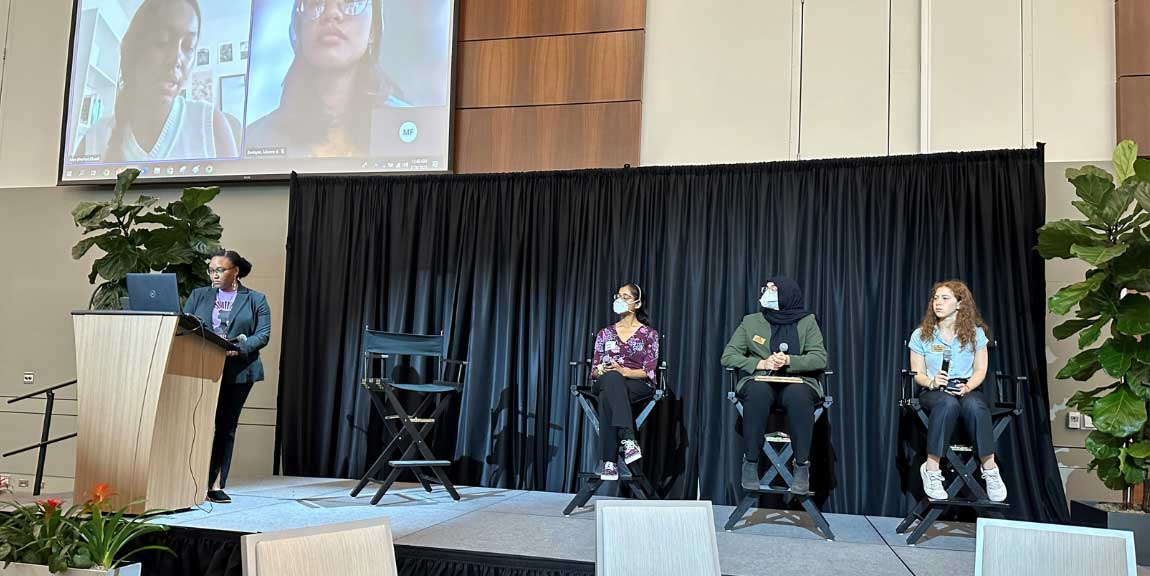 At the North Texas Climate Symposium, Eco Reps Mohini Shanker, Ida Ghorbani, and Alisa Model presented on a student panel where they shared their perspectives on Environmental Justice and Climate along with Dr. Torrie Cropps as moderator.