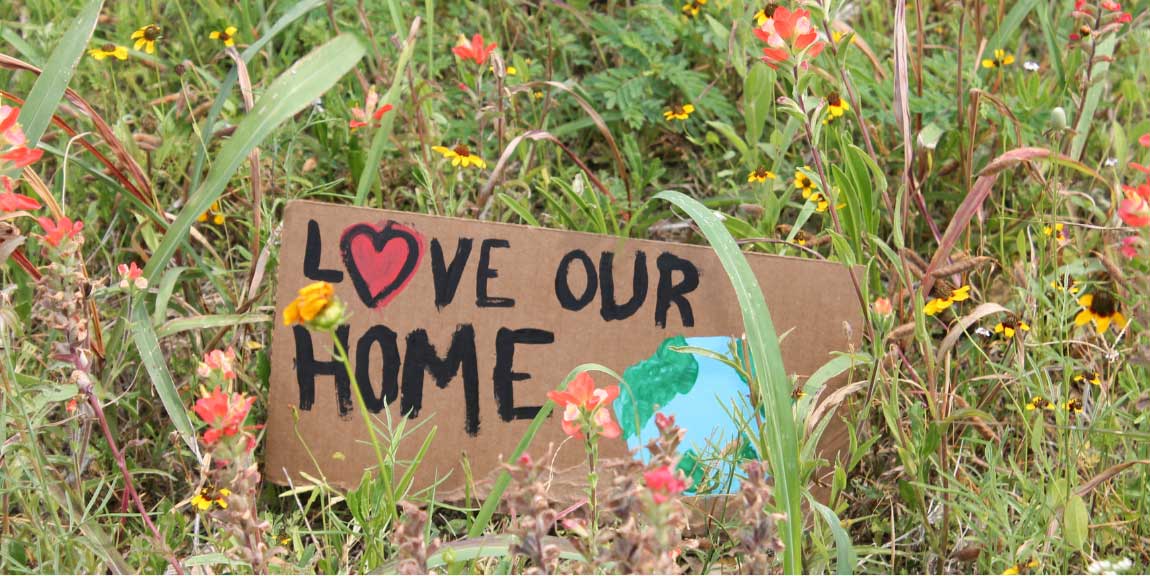 A homemade sign with a drawing of the earth which reads “Love Your Home” is placed among wildflowers.