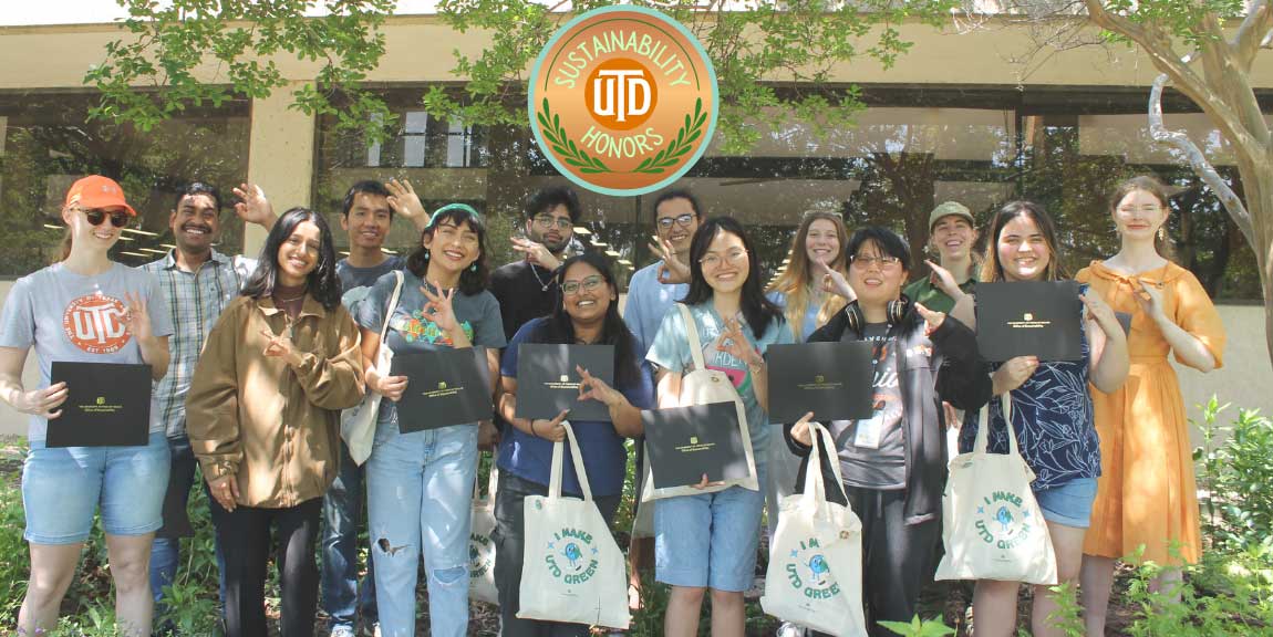 A group of students, each making the sign of the UT Dallas “Mini-Whoosh” under the words “Sustainability Honors”.