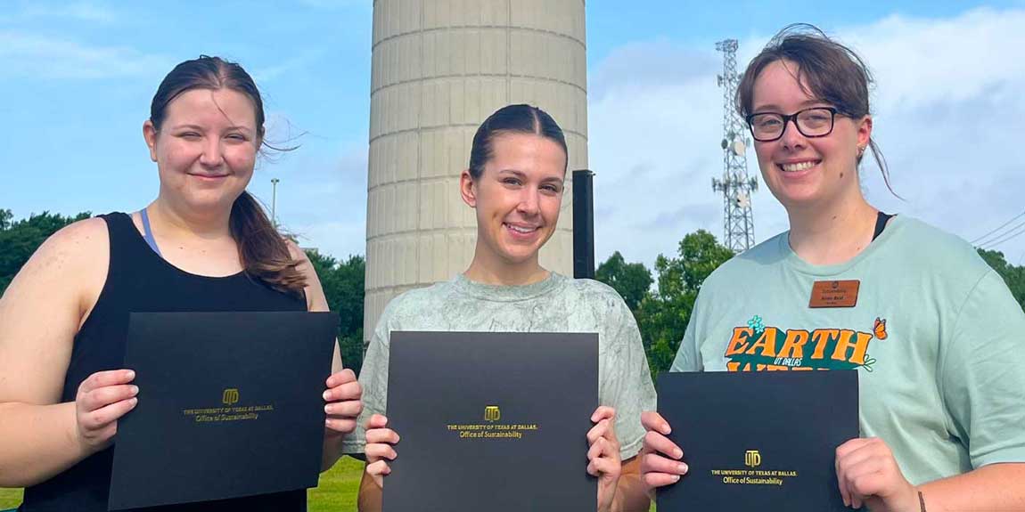 Three students at the UTD Eco Hub show off their Sustainability Honors.