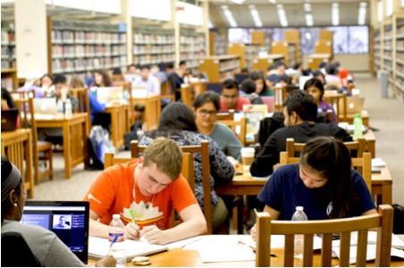 Rows of students studying at tables in the library.