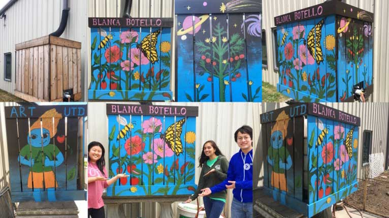 A photo collage showing different sides of a wooden structure in the garden that has been decorated with a mural.