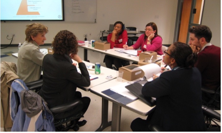 Staff gathered around a table.