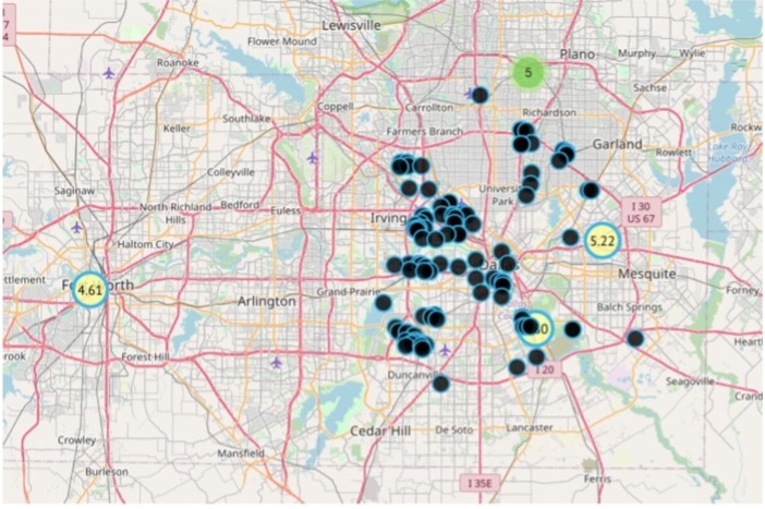 A map of DFW air quality sensors and major polluters. The black dots are the polluters. The green dots are the air monitors.